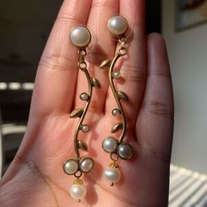 Pearl and Gold Leaf Drop Earrings